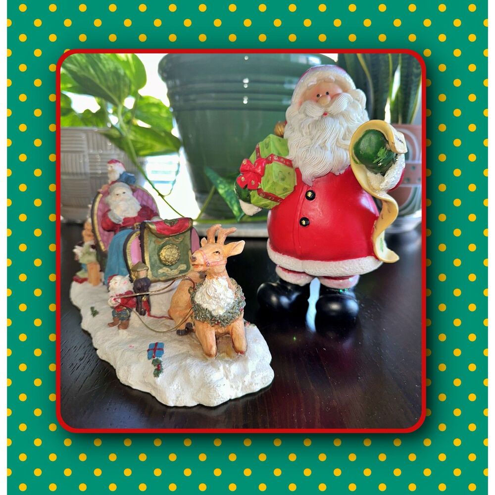 Vintage Santa w/ List & Santa Claus w/ Reindeer Sleigh Christams Figurines